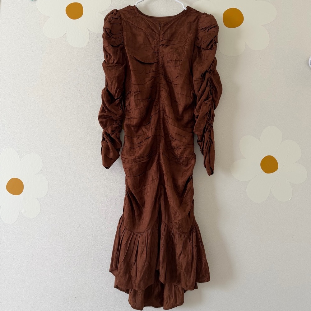 NWT ByTimo Jacquard Chocolate Brown Floral Ruched Ruffled Georgette Mini Dress - Picture 8 of 15